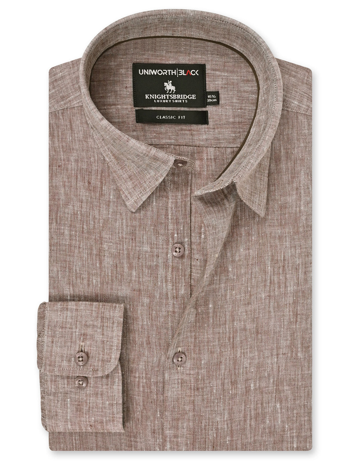 L Brown Plain Classic Fit Linen Shirt