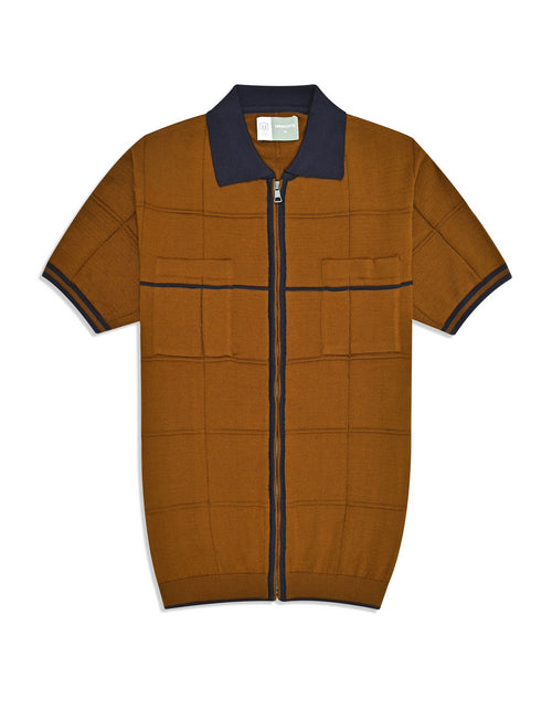 Brown Geometric Needle Drop Knitted Polo Shirt